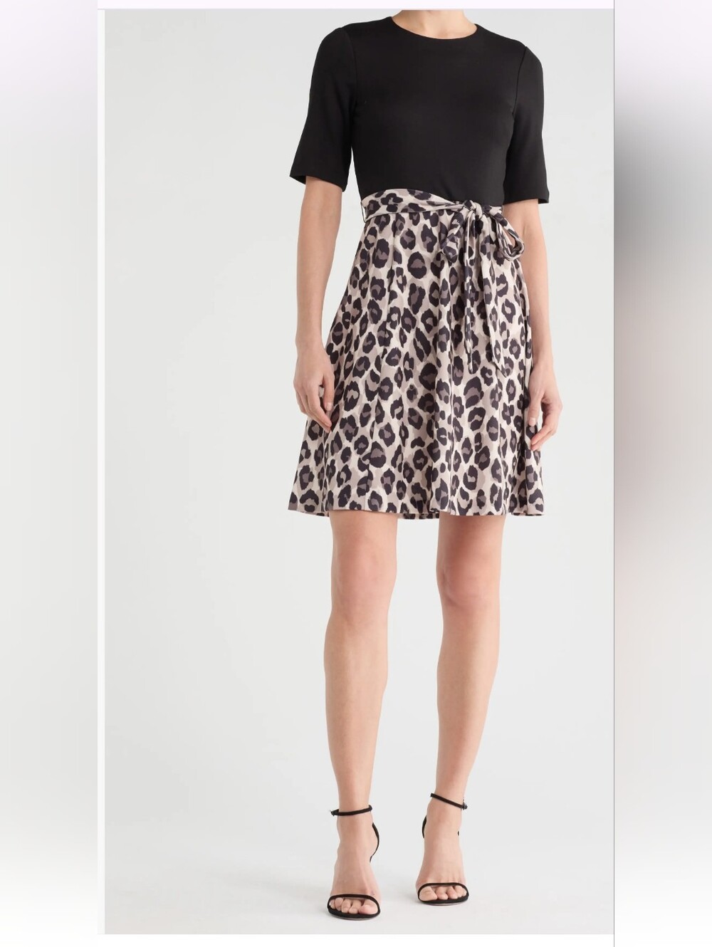 Eliza J Short Sleeve Mixed-Media Fit & Flare Dress with Leopard Skirt